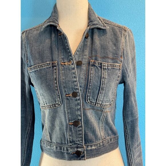 Abercrombie & Fitch Denim Jacket Cropped Distressed 100% Cotton Button Close XS - Picture 6 of 7